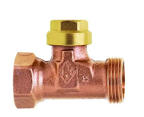 Kupferne Verschraubung mit goldfarbener Mutter, geeignet für Rohrverbindungen, hergestellt von IMI Hydronic Engineering.